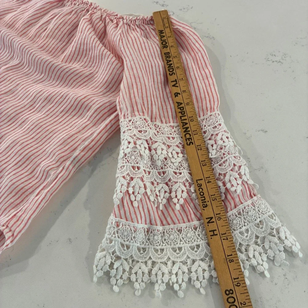 Saks Fifth Ave Top S Stripe Linen Off Shoulder Lace Boho Romantic Italy Cottage - Picture 8 of 9